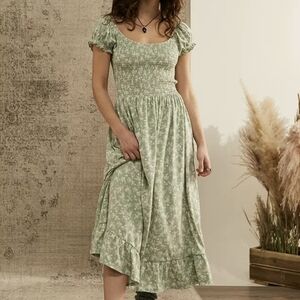 Sage Green Floral Smocked Maxi Midi Dress size XL